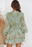 Deep V Neck Lantern Sleeve Knotted Tiered Mini Dress