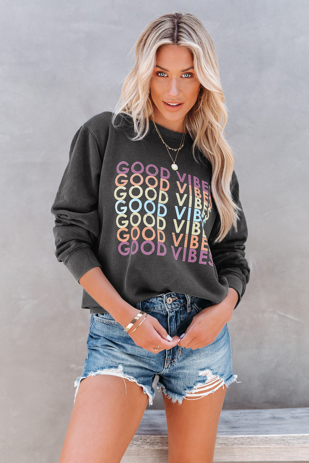 Good Vibes Graphic Gray Oversized Sweatshirt