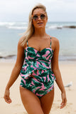 2pcs maillot de bain tankini rose à volants imprimé feuille verte
