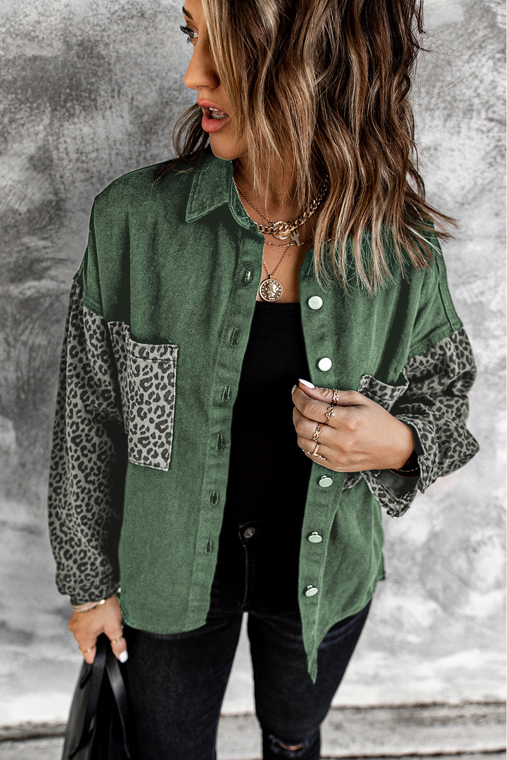 Contrast Leopard Denim Jacket for Women