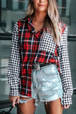 Plaid Splicing Hit Color Pockets Turndown Collar Long Sleeve Shirt