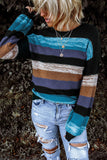 Women's Color Block Striped Sweater Highlight Balloon Sleeve Knit Oversized Top