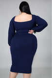 Women's Long Sleeve V Neck Midi Dress Front Knot Plus Size Bodycon Dresses