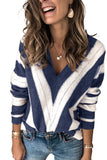 Women's V Neck Striped Color Block Knitted Pointelle Sweater