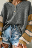 Women's Lantern Sleeve Striped Raglan Sleeve Drop Shoulder V Neck Buttoned Sweater