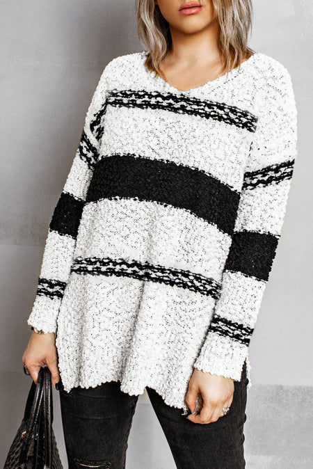 Women's Striped Colorblock V Neck Long Sleeve Oversized Knitted Pullover Sweater