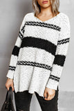 Women's Striped Colorblock V Neck Long Sleeve Oversized Knitted Pullover Sweater