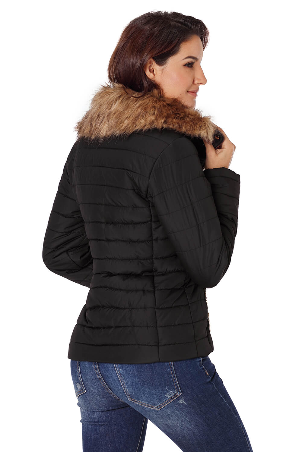 LC85117-2XXL, LC85117-2XL, LC85117-2L, LC85117-2M, LC85117-2S, Winter Coats for Women Camel Faux Fur Collar Trim Black Quilted Jacket Outerwear