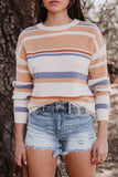 Women's Knitted Crew Neck Striped Color Block Sweater