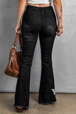 Butterfly Print Distressed Elastic High Waist Flare Jeans