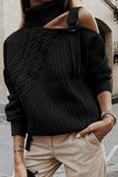 Women's  Strapped Cut Out Shoulder Knitted Top Solid Color Turtleneck Sweater