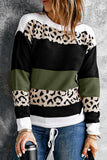 Women's Jumper Tops Crewneck Leopard Color Block Knit Pullover Sweater