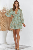 Deep V Neck Lantern Sleeve Knotted Tiered Mini Dress
