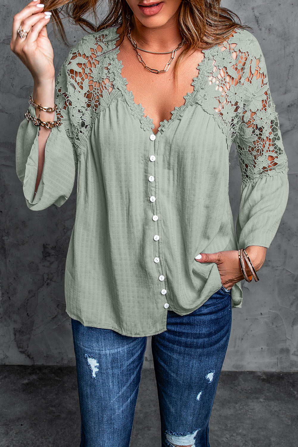 Bell Sleeve Crochet Lace Button V Neck Top
