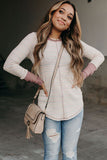 Waffle Knit Colorblock Buttoned Cuff Long Sleeve Blouse