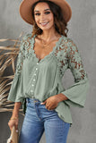 Bell Sleeve Crochet Lace Button V Neck Top