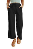 Solid Drawstring Crinkled Wide Leg Pants With Pocket