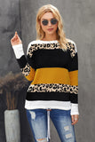 Women's Jumper Tops Crewneck Leopard Color Block Knit Pullover Sweater