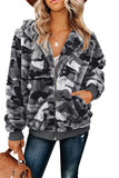 Women's Camo Stars Print Zipper Fleece Hooded Coat with Pockets