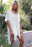 Women's Crochet Cover Up Half Sleeves Lace Knitted Tassel Tie Kimono Beachwear