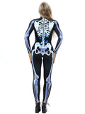 Creepy Skeleton Print Adult Halloween Costume Bodycon Jumpsuit White