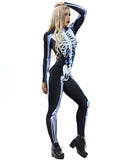 Creepy Skeleton Print Adult Halloween Costume Bodycon Jumpsuit White