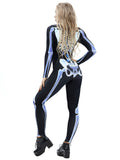 Creepy Skeleton Print Adult Halloween Costume Bodycon Jumpsuit White