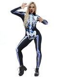 Creepy Skeleton Print Adult Halloween Costume Bodycon Jumpsuit White