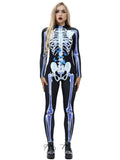 Creepy Skeleton Print Adult Halloween Costume Bodycon Jumpsuit White