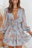 Deep V Neck Lantern Sleeve Knotted Tiered Mini Dress