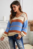 Khaki V-neck Knitted Lantern Sleeve Pullover Sweater