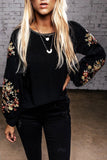 Floral Embroidery Crew Neck Long Sleeve Tops