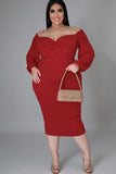 Women's Long Sleeve V Neck Midi Dress Front Knot Plus Size Bodycon Dresses