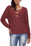 Women's Crew Neck Backless Knitted Pullover Cross Back Sweater