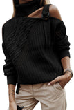 Women's  Strapped Cut Out Shoulder Knitted Top Solid Color Turtleneck Sweater