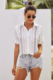 V Neck Striped Shirt Roll up Sleeve Button Down Tops