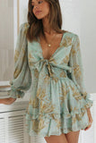 Deep V Neck Lantern Sleeve Knotted Tiered Mini Dress