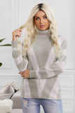 Womens Turtleneck Color Block Striped Knitted Sweater Patchwork Pullover Jumper Tops