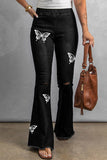 Butterfly Print Distressed Elastic High Waist Flare Jeans