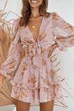 Deep V Neck Lantern Sleeve Knotted Tiered Mini Dress