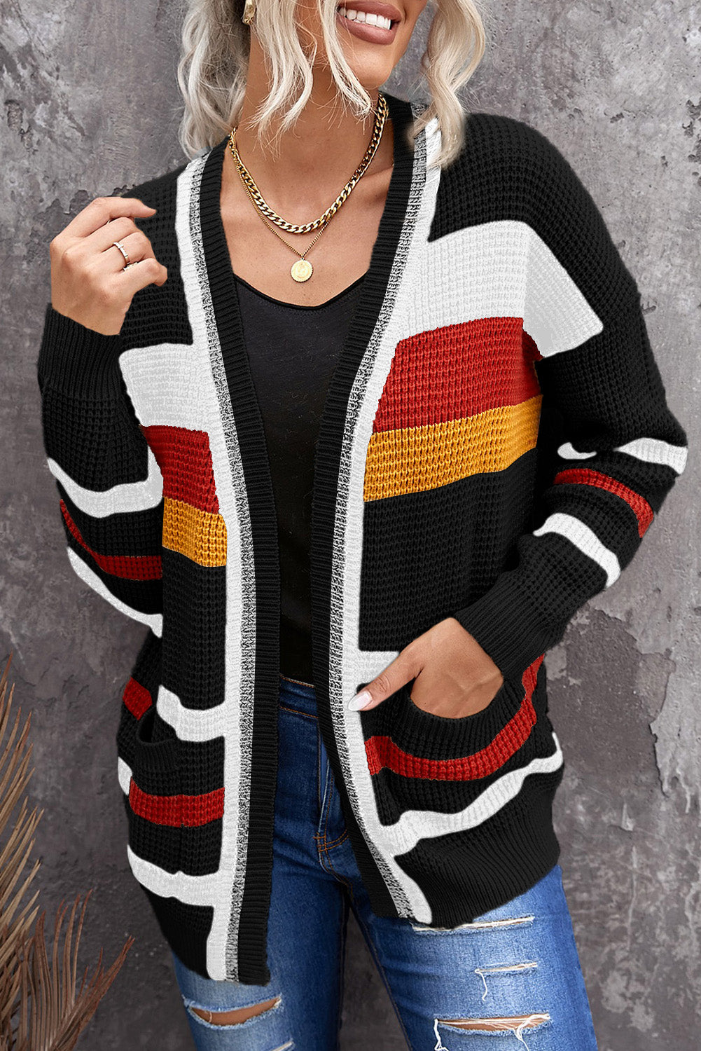 Womens Cardigan Color Block Striped Pocket Knit Sweaters Coat Outwear