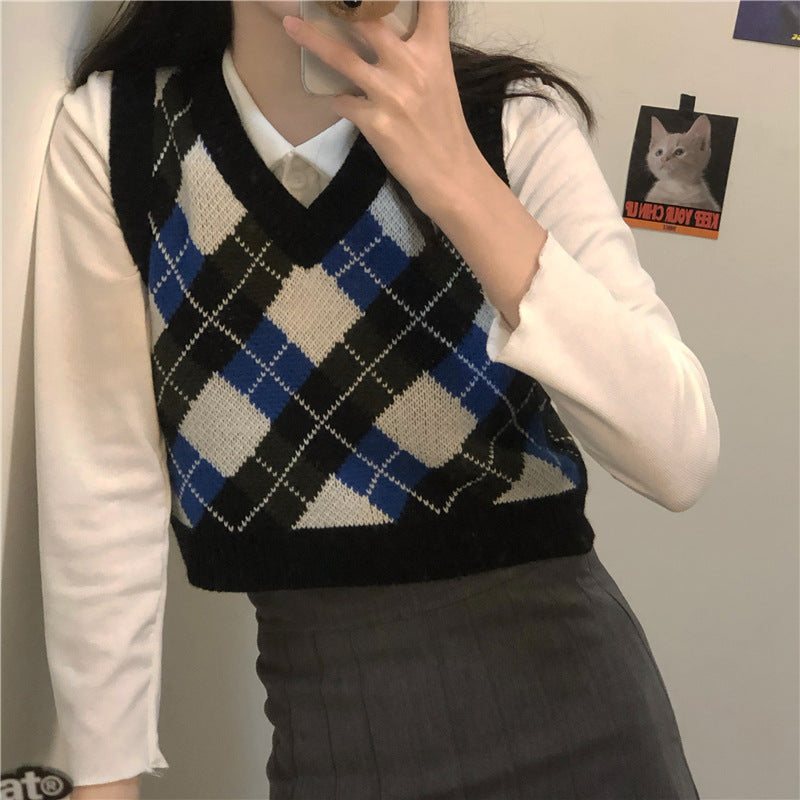 Women's Argyle Sweater Vest Womens V Neck Sleeveless Crop Tank Top