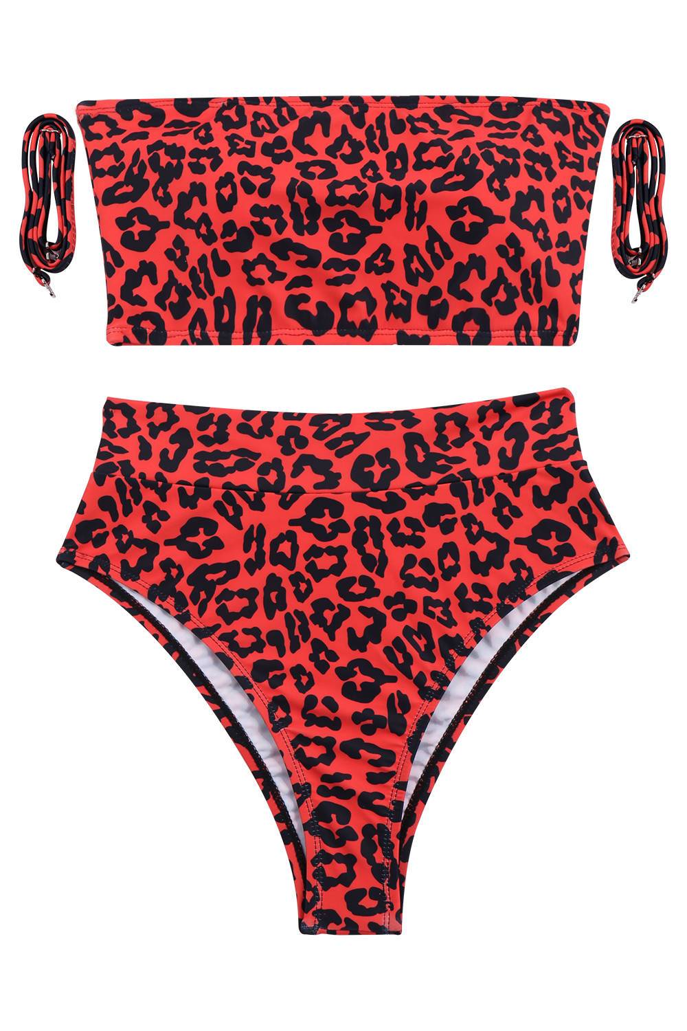 Sexy Leopard Print Bandeau Top High Waisted Bikini Set Tangerine