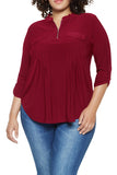 Plus Size 3/4 Sleeve Zip Up Pleated Loose Plain Blouse Ruby