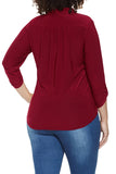 Plus Size 3/4 Sleeve Zip Up Pleated Loose Plain Blouse Ruby
