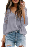V Neck Crochet Lace Blouse With Button Gray