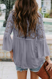 V Neck Crochet Lace Blouse With Button Gray