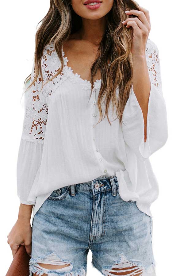 V Neck 3/4 Sleeve Floral Lace Button Blouse White