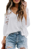 V Neck 3/4 Sleeve Floral Lace Button Blouse White