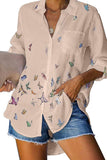 Collared Long Sleeve Butterfly Print Button Front Blouse Pink
